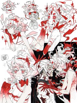 1boy 1girl 621_(armored_core_vi) :d ? absurdres animal_ears armored_core armored_core_vi:_fires_of_rubicon ayre_(armored_core_vi) bandages bare_shoulders black_background black_hair bleeding blood bloody_tears blush bow closed_eyes colored_sclera colored_skin dress extra_eyes floating floating_hair flying_sweatdrops gradient_hair highres horns humanization lenereco looking_at_another looking_at_viewer multicolored_hair multicolored_skin multiple_views open_mouth pink_hair red_bow red_sclera red_skin short_hair simple_background sleeveless sleeveless_dress smile spoken_question_mark sweatdrop translation_request wavy_hair white_background white_dress white_eyes white_hair white_skin