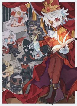 3girls 5boys black_boots black_eyes black_sclera blue_sclera book boots bridal_veil button_eyes buttons cape capelet chibi colored_sclera curtains drill_hair drill_ponytail eli_clark eli_clark_(experienced_huntsman) fang flower flower_over_eye fold-over_boots frilled_sleeves frills gem gloves gold_trim grey_hair highres holding holding_book holding_quill identity_v jack_(count's_banquet)_(identity_v) jack_(identity_v) jacket joseph_desaulniers joseph_desaulniers_(bloody_sword) kevin_ayuso kevin_ayuso_(misfit) looking_at_object makeup martha_behamfil martha_behamfil_(nidhogg) multiple_boys multiple_girls nun open_book pants patricia_dorval patricia_dorval_(reservist) quill red_cape red_capelet red_eyes red_flower red_gemstone red_jacket red_pants red_rose rose runny_makeup side_drill slit_pupils smile solid_eyes stitched_mouth stitches veil vera_nair vera_nair_(crimson_bride) victor_grantz victor_grantz_(the_embrace) wavy_hair white_gloves white_hair wing_hat_ornament xkong