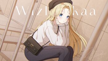 1girl bag beret black_hat black_pants blonde_hair blue_eyes character_name closed_mouth commentary_request commission curtained_hair elbow_rest expressionless feet_out_of_frame forehead from_side gyeou_lee hand_rest handbag hat highres indie_virtual_youtuber korean_commentary long_hair long_sleeves looking_at_viewer looking_to_the_side pants signature sitting sitting_on_stairs solo stairs straight_hair sweater virtual_youtuber white_sweater wizliorkaa