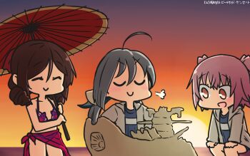 Rule 34 | 3girls, :d, ^ ^, ahoge, bikini, brown hair, closed eyes, cosplay, dated, doyagao, fate (series), grey hair, hamu koutarou, harukaze (kancolle), highres, holding, holding umbrella, jacket, kantai collection, kiyoshimo (kancolle), kunashiri (kancolle), long hair, long sleeves, multiple girls, oil-paper umbrella, one-piece swimsuit, open mouth, pink hair, puff of air, purple bikini, scathach (fate), scathach (fate/grand order), scathach (swimsuit assassin) (fate), scathach (swimsuit assassin) (fate) (cosplay), short hair, smile, smug, swimsuit, two side up, uchuu senkan yamato, umbrella, v-shaped eyebrows, voice actor connection, white jacket, yellow eyes