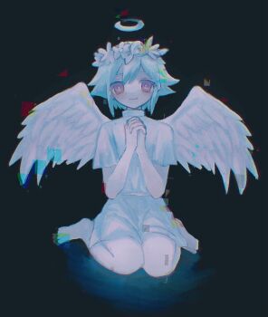 Rule 34 | 1boy, angel, angel wings, antenna hair, basil (headspace) (omori), basil (omori), black background, closed mouth, double-parted bangs, flower, flower wreath, full body, green hair, hair between eyes, halo, head wreath, interlocked fingers, looking at viewer, male focus, omori, own hands clasped, own hands together, red eyes, short hair, short sleeves, sidelocks, sitting, smile, solo, wariza, wings, zrk zzzz