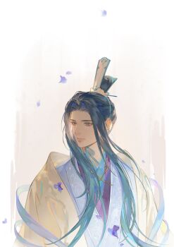 Rule 34 | 1boy, absurdres, aqua eyes, aqua hair, black hair, chinese clothes, chinese commentary, chinstrap, closed mouth, coat, code: kite, commentary request, curtained hair, daxiushan, expressionless, falling petals, gradient background, gradient hair, hanfu, highres, kusariling, lips, long sidelocks, long sleeves, looking to the side, male focus, multicolored hair, parted bangs, petals, purple petals, robe, shawl, sidelocks, simple background, solo, topknot, upper body, white background, white hanfu, white robe, white shawl, xiao guan (headdress), xun yu (code: kite), yellow coat