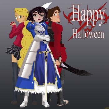 Rule 34 | 1boy, 2girls, absurdres, archer (fate), archer (fate) (cosplay), armor, armored boots, armored dress, artoria pendragon (fate), black skirt, black thighhighs, blonde hair, blue dress, blush, boots, braid, breastplate, brown hair, cassandra (tangled), commentary, cosplay, disney, dress, english commentary, excalibur (fate/stay night), fate/stay night, fate (series), flynn rider, from behind, gem, gradient background, halloween, halloween costume, happy halloween, highres, holding, holding gem, holding sword, holding weapon, jewelry, juliet sleeves, lipstick, long braid, long dress, long hair, long sleeves, looking at viewer, looking back, makeup, mehefin013, miniskirt, multiple girls, nose blush, puffy sleeves, rapunzel's tangled adventure, rapunzel (disney), red lips, red sweater, saber (fate), saber (fate) (cosplay), short hair, short sword, single braid, skirt, sweater, sword, tangled, thighhighs, tohsaka rin, tohsaka rin (cosplay), variant set, weapon