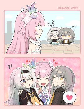!? 3girls absurdres black_coat black_hairband chibi coat commentary cyrene_(honkai:_star_rail) cyrene_(ripples_of_past_reverie)_(honkai:_star_rail) dress firefly_(honkai:_star_rail) flower grey_hair hair_flower hair_ornament hairband heart highres honkai:_star_rail honkai_(series) hug long_hair multicolored_eyes multicolored_hair multiple_girls ooyun pink_hair spoken_heart stelle_(honkai:_star_rail) symbol-only_commentary trailblazer_(honkai:_star_rail) two-tone_eyes two-tone_hair very_long_hair white_dress white_hair yellow_eyes
