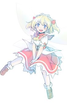 Rule 34 | 1girl, :d, ascot, blonde hair, blue eyes, blush, brown shoes, collar, commentary request, fairy, fairy wings, fang, frilled skirt, frills, full body, hair ribbon, headdress, one-hour drawing challenge, open mouth, pointy ears, puffy short sleeves, puffy sleeves, rangycrow, red collar, red ribbon, red sash, red skirt, ribbon, sash, shirt, shoes, short sleeves, skirt, smile, socks, solo, sunny milk, touhou, twintails, white background, white shirt, white socks, wings, yellow ascot