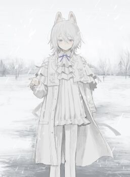 1boy a1da_a animal_ear_fluff animal_ears arm_at_side ascot closed_mouth cloud cloudy_sky coat collared_shirt day double-parted_bangs expressionless feet_out_of_frame frilled_shirt frills grey_eyes hair_between_eyes highres long_sleeves male_focus neck_ribbon open_clothes open_coat open_hand original outdoors overcast pants ribbon shirt sky snowing solo standing straight-on tree white_ascot white_coat white_hair white_pants white_shirt winter