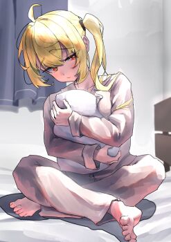 1girl :/ absurdres ahoge alternate_costume barefoot blonde_hair closed_mouth collarbone commentary_request crossed_legs curtains full_moon grey_pajamas half-closed_eyes highres holding holding_pillow hugging_object indoors long_hair moon on_bed pajamas pillow pillow_hug red_eyes side_ponytail sitting socks sparkling_eyes toes tora_(kumo_sakamoto) zenless_zone_zero