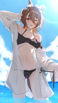 1girl agnes_tachyon_(umamusume) ahoge animal_ears bikini black_bikini blue_sky blush breasts brown_hair cloud commentary_request day eyewear_on_head hair_between_eyes hair_ornament highres horse_ears horse_girl horse_tail long_sleeves looking_at_viewer medium_hair navel ocean one_eye_closed open_clothes open_mouth open_shirt outdoors red_eyes revision shirt sky sll80jodo758038 smile solo star-shaped_eyewear star_(symbol) stomach swimsuit tail umamusume water white_shirt