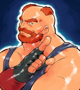 1boy balding bara beard big_bear brown_hair cheekbones connected_beard facial_hair fatal_fury gloves huge_eyebrows kira_nerisu light_frown looking_at_viewer male_focus mature_male muscular muscular_male mustache pectorals pointing pointing_at_viewer solo thick_beard thick_mustache tsurime upper_body white_gloves wrestler
