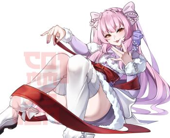 Rule 34 | 1girl, arm up, azuri909, bow, brown eyes, character request, commentary, commission, dress, english commentary, fingernails, foot out of frame, fur-trimmed dress, fur trim, hair bow, indie virtual youtuber, long hair, long sleeves, looking at viewer, nail polish, pink bow, pink hair, purple dress, purple nails, red ribbon, ribbon, simple background, sitting, smile, solo, thighhighs, tongue, tongue out, vgen commission, virtual youtuber, watermark, white background, white thighhighs