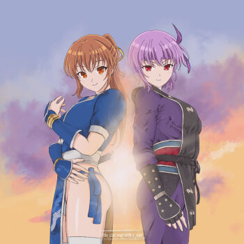 Rule 34 | 2girls, artist name, ass, ayane (doa), back-to-back, breasts, dead or alive, dead or alive 3, female focus, fingerless gloves, gloves, hair ribbon, kasumi (doa), large breasts, long hair, long sleeves, looking at viewer, multiple girls, ninja, panties, ponytail, purple hair, ribbon, short hair, short sleeves, siblings, sisters, standing, sunlight, the star man with a plan, thighs, underwear, yellow ribbon