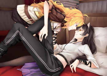 2girls ahoge bed black_hair blake_belladonna blonde_hair book bunk_bed clothes_grab eye_contact hand_on_another&#039;s_thigh inu0831 long_hair looking_at_another lying multiple_girls necktie on_back pants purple_eyes rwby shirt_grab smile thighhighs waist_cape yang_xiao_long yellow_eyes yuri
