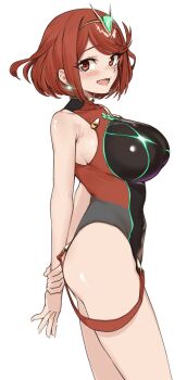 1girl aqua_gemstone black_one-piece_swimsuit breasts chest_jewel competition_swimsuit covered_collarbone earrings floating_earrings gem headpiece highres jewelry large_breasts one-piece_swimsuit pyra_(pro_swimmer)_(xenoblade) pyra_(xenoblade) red_eyes red_hair red_one-piece_swimsuit ribbed_swimsuit salmongrapefish short_hair solo strapless strapless_one-piece_swimsuit striped_clothes striped_one-piece_swimsuit swept_bangs swimsuit tiara two-tone_swimsuit vertical-striped_clothes vertical-striped_one-piece_swimsuit xenoblade_chronicles_(series) xenoblade_chronicles_2