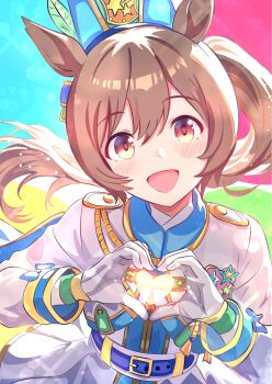 1girl animal_ears aqua_cape band_uniform belt blue_belt blush breasts brown_eyes brown_hair cape gloves hair_between_eyes hat heart heart_hands highres horse_ears horse_girl jacket kanon_(user_rrhr4244) long_hair looking_at_viewer marching_band medium_hair official_alternate_costume open_mouth ponytail shako_cap shirt skirt smart_falcon_(luminous_twirler)_(umamusume) smart_falcon_(umamusume) smile solo umamusume white_gloves white_jacket white_skirt