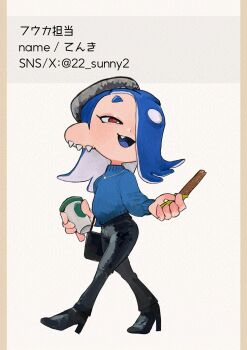 1girl alternate_costume black_pants black_shoes blue_hair blue_sweater commentary_request couldoh earrings fang full_body grey_hat hair_over_one_eye hat high_heels highres jewelry long_hair multiple_earrings necklace nintendo octoling open_mouth pants red_eyes shiver_(splatoon) shoes short_eyebrows smile solo splatoon_(series) splatoon_3 sweater tentacle_hair thick_eyebrows tooth_earrings translation_request walking white_background
