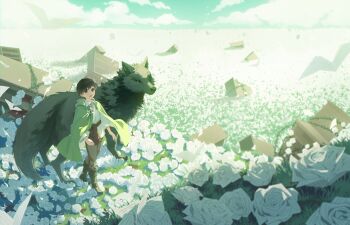 1boy :d absurdres animal animalization black_eyes black_hair boots child cloak clothes_around_waist cloud cloudy_sky commentary day debris english_commentary field flower flower_field full_body green_cloak highres hill horizon jacket jacket_around_waist kim_dokja oldest_dream omniscient_reader&#039;s_viewpoint open_mouth outdoors plant rock rose sanjinmogufufu shirt short_hair sky smile sunlight vines walking white_flower white_rose white_shirt wolf yoo_joonghyuk