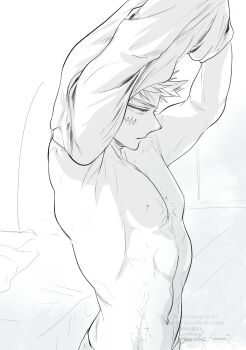 1boy abs absurdres armpits arms_up bakugou_katsuki boku_no_hero_academia from_side greyscale highres male_focus monochrome multiple_scars nipples oroshi_mi pectorals scar scar_on_chest scar_on_face scar_on_shoulder shirt short_hair signature solo spiked_hair topless_male undressing upper_body watermark