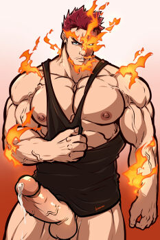 1boy absurdres bara biceps black_tank_top boku_no_hero_academia burning commentary endeavor_(boku_no_hero_academia) english_commentary erection fiery_hair fire gay highres kuroshinki looking_at_viewer male_focus muscular muscular_male pectorals penis precum red_hair scar scar_across_eye scar_on_face signature tank_top veins veiny_arms veiny_penis