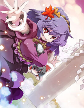 &gt;:d 2girls :d akaneya black_hair breasts bucket colored_eyelashes food ginkgo_tree hakurei_reimu large_breasts leaf maple_leaf mirror mochi multiple_girls mundane_utility onbashira open_mouth outstretched_arms purple_hair red_eyes rope shide shimenawa skirt smile smug touhou turn_pale v-shaped_eyebrows wagashi water wild_and_horned_hermit yasaka_kanako