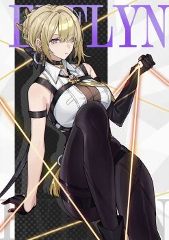 1girl absurdres arm_strap black_pants blonde_hair breasts character_name chest_harness collared_shirt elbow_gloves evelyn_chevalier full_body gloves half_gloves harness high-waist_pants highres kushige_musume large_breasts latex_pants looking_at_viewer mole mole_under_eye necktie pants parted_lips purple_eyes shirt single_elbow_glove single_half_glove string tight_clothes tight_pants uneven_bangs white_shirt yellow_necktie zenless_zone_zero