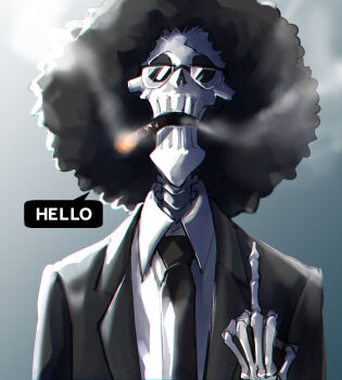 1boy afro black_jacket black_necktie black_suit brook_(one_piece) cigar collared_shirt english_text formal_clothes glasses highres jacket looking_at_viewer male_focus middle_finger necktie one_piece shirt sidelighting skeleton smoke solo suit tomatop white_shirt