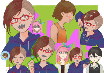 2girls 3boys arm_up aubrey_(faraway)_(omori) aubrey_(omori) black_eyes black_hair black_sweater_vest blue_hairband blue_hoodie blush brown_eyes brown_hair candy chibi chibi_inset closed_mouth collarbone collared_shirt commentary_request dark-skinned_male dark_skin ear_piercing expressionless food glasses hair_behind_ear hairband hero_(faraway)_(omori) hero_(omori) holding holding_candy holding_food holding_lollipop hood hoodie jacket kel_(faraway)_(omori) kel_(omori) kim_(omori) lollipop long_sleeves looking_at_another msdnno_kabe multiple_boys multiple_girls omori open_clothes open_jacket open_mouth piercing pink_hair rectangular_eyewear red-framed_eyewear shaded_face shirt short_hair short_sleeves smile sparkle speech_bubble sweatdrop sweater_vest white_jacket white_shirt