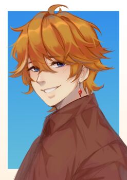 Rule 34 | 1boy, blue background, blue eyes, border, double-parted bangs, earrings, from side, genshin impact, hair between eyes, hashtag-only commentary, highres, jewelry, kuraedo, looking at viewer, male focus, nose, orange hair, outside border, red shirt, shirt, short hair, smile, solo, tartaglia (genshin impact), upper body, white border