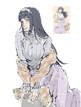 1girl beerenfuchs belt black_belt black_hair blunt_bangs breasts floral_print floral_print_skirt grey_sweater hairband hime_cut hyuuga_hinata jewelry light_blush light_smile long_hair long_skirt medium_breasts naruto_(classic) naruto_(series) naruto_shippuuden necklace official_alternate_costume pink_skirt plaid_clothes plaid_shawl print_hairband print_skirt reference_inset shawl sitting sketch skirt solo straight_hair sweater turtleneck turtleneck_sweater white_background
