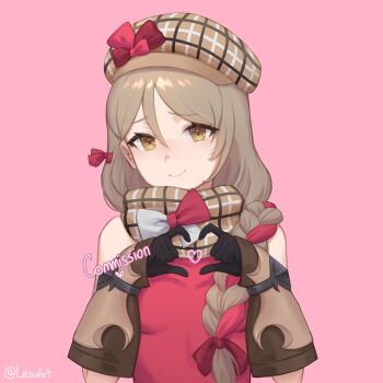 1girl absurdres blonde_hair braid breasts brown_scarf closed_mouth commission fire_emblem fire_emblem_engage framme_(fire_emblem) hat heart heart_hands highres lesu long_hair looking_at_viewer multicolored_hair nintendo pink_hair plaid_clothes plaid_hat plaid_scarf scarf single_braid small_breasts smile solo two-tone_hair upper_body yellow_eyes