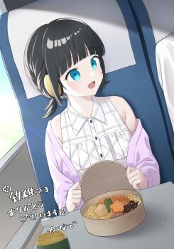 1girl absurdres artist_name bento black_hair highres ouji_shigure splanade station_memories tagme train