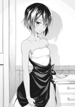 1girl ali_(danmachi) bare_arms bare_shoulders breasts cabinet closed_mouth dark-skinned_female dark_skin dress dungeon_ni_deai_wo_motomeru_no_wa_machigatteiru_darou_ka greyscale hair_between_eyes highres indoors looking_at_viewer monochrome nilitsu novel_illustration official_art short_hair sleeveless sleeveless_dress small_breasts solo standing strapless strapless_dress third-party_source