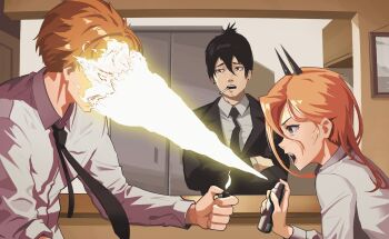 Rule 34 | 1girl, 2boys, aerosol, black eyes, black hair, black horns, black jacket, black necktie, chainsaw man, cigarette, collared shirt, crossed arms, demon girl, denji (chainsaw man), door, earrings, fangs, fire, formal clothes, from side, hair between eyes, hand up, hayakawa aki, highres, holding, holding lighter, horns, indoors, jacket, jewelry, lem, lighter, long hair, long sleeves, looking at another, matching hair/eyes, mouth hold, multiple boys, necktie, open mouth, orange eyes, orange hair, picture frame, power (chainsaw man), profile, shirt, short hair, sidelocks, smoking, standing, stud earrings, suit, teeth, topknot, upper body, white shirt