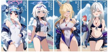 Rule 34 | 4girls, ahoge, alternate costume, animal ears, aqua hair, armband, asymmetrical bangs, beach, bikini, bikini under clothes, bikini visible through clothes, blue archive, blue eyes, blue hair, blue halo, blue jacket, braid, breasts, cleavage, cloud, collarbone, commentary request, competition swimsuit, covered navel, cropped jacket, dog ears, dog girl, double bun, eyewear on head, food, front-tie bikini top, front-tie top, fruit, fubuki (blue archive), fubuki (swimsuit) (blue archive), goggles, goggles on head, grey eyes, grey hair, grey halo, hair bun, hair ornament, hair over one eye, hairclip, halo, halterneck, highleg, highleg one-piece swimsuit, holding, holding food, holding fruit, holding watermelon, jacket, kanna (blue archive), kanna (swimsuit) (blue archive), kirino (blue archive), kirino (swimsuit) (blue archive), konoka (blue archive), large breasts, lifeguard, long hair, long sleeves, looking at viewer, mask, mask pull, medium breasts, melissa v2, mouth mask, multicolored hair, multiple girls, navel, off shoulder, official alternate costume, one-piece swimsuit, one eye covered, open clothes, open jacket, open mouth, open vest, pink halo, purple armband, purple bikini, purple halo, see-through clothes, see-through shirt, sharp teeth, shirt, short sleeves, signature, single braid, sleeve cuffs, small breasts, smile, standing, streaked hair, surgical mask, swim goggles, swimsuit, teeth, thigh gap, thighs, two-tone hair, vest, visor cap, watermelon, watermelon slice, wet, wet clothes, wet shirt, whistle, whistle around neck, white jacket, white mask, white one-piece swimsuit, x hair ornament