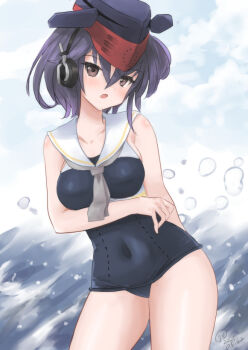arm_across_chest black_one-piece_swimsuit breasts covered_navel cowboy_shot framed_breasts grey_neckerchief hat headgear headphones i-13_(kancolle) kantai_collection kitagawa_mikio medium_breasts neckerchief old_school_swimsuit one-piece_swimsuit sailor_collar sailor_shirt school_swimsuit shirt short_hair sleeveless sleeveless_shirt swimsuit white_sailor_collar white_shirt