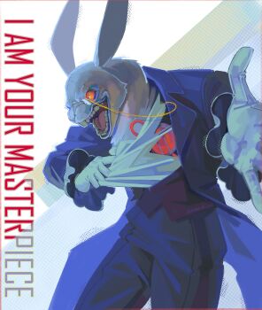 1boy absurdres blue_suit colored_sclera commentary cowboy_shot crazy_eyes crazy_smile devil_may_cry_(netflix) devil_may_cry_(series) english_commentary english_text formal_clothes furry furry_male gloves highres male_focus monocle open_mouth orange_sclera purple_vest rabbit_boy shirt smile suit tearing_clothes teeth tongue torn_clothes tsima_d vest white_gloves white_rabbit_(devil_may_cry) white_shirt