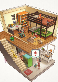 ! 00s 1boy 2girls bag baseball_cap bed black_hair blue_oak brown_hair bulbasaur bunk_bed chair charmander desk eevee fire fishing_rod flame-tipped_tail game_boy_advance gen_1_pokemon handheld_game_console hat house kanto_mother_(rgby/frlg) leaf_(pokemon) legendary_pokemon mew_(pokemon) mother_(pokemon) multiple_girls mythical_pokemon nintendo office_chair pikachu playing_games poke_ball poke_ball_(basic) poke_ball_theme pokemon pokemon_(creature) pokemon_frlg red_(pokemon) skirt squirtle stairs starter_pokemon_trio swivel_chair tail television unworn_hat unworn_headwear zhenblue