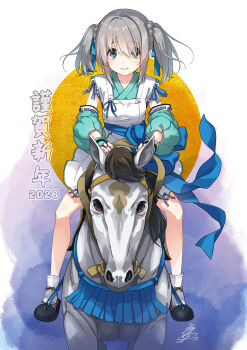 1girl 2026 aqua_sleeves blue_ribbon chinese_zodiac collarbone commentary_request detached_sleeves full_body grey_hair hair_ribbon highres horse horseback_riding japanese_clothes light_smile looking_at_viewer miyama-zero new_year oda_nobuna_no_yabou parted_lips puffy_detached_sleeves puffy_sleeves ribbon ribbon-trimmed_sleeves ribbon_trim riding sidelocks signature takenaka_hanbee_(oda_nobuna_no_yabou) twintails twintails_with_braided_base year_of_the_horse