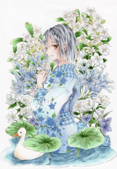 1girl absurdres bird black_hair blue_kimono brown_eyes check_commentary commentary commentary_request duck floral_print floral_print_kimono flower from_side hand_on_own_chest highres hyaku_toori japanese_clothes kimono lily_pad looking_at_viewer looking_to_the_side marker_(medium) nature obi original print_kimono sash short_hair solo traditional_media wading white_background