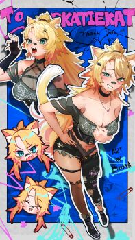 1girl absurdres animal_ears aqua_eyes artist_name asymmetrical_clothes bandaid bandaid_on_face bandaid_on_nose black_nails black_pants black_shoes blonde_hair breasts cat_ears cat_girl character_name chimanakoneko clawed_boots cleavage closed_eyes collarbone commentary_request commission fingerless_gloves freckles gloves hair_ornament highres indie_virtual_youtuber jewelry long_hair navel necklace obkatiekat obkatiekat_(2nd_costume) open_mouth pants safety_pin see-through_cleavage see-through_clothes shoes single_pantsleg single_thighhigh skeb_commission smile thank_you thighhighs virtual_youtuber