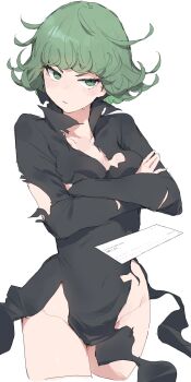 1girl absurdres black_dress blush breast_press breasts cleavage collarbone covered_navel curly_hair dress flipped_hair floating floating_object green_eyes green_hair highres letter looking_at_viewer makkurourufu naked_dress no_panties one-punch_man pear-shaped_figure pelvic_curtain side_slit simple_background sketch small_breasts solo tatsumaki torn_clothes torn_dress white_background