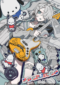 1girl absurdres artist_name backpack bag bass_guitar choker commentary cup fender_jazz_bass grey_choker grey_hair hair_ornament hair_over_one_eye hairpin headphones highres holding holding_bass_guitar holding_instrument instrument looking_at_viewer mochizuki_kei official_art open_mouth pochacco randoseru sanrio solo teacup thigh_strap thighs x_hair_ornament