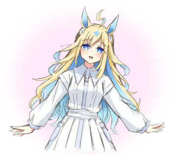 Rule 34 | 1girl, ahoge, animal ears, blonde hair, blue eyes, blue hair, blush, breasts, casual, colored inner hair, commentary request, dress, hair between eyes, hair ornament, highres, horse ears, horse girl, long hair, long sleeves, looking at viewer, mottarerati zu, multicolored hair, neo universe (casual) (umamusume), neo universe (umamusume), open mouth, simple background, smile, solo, two-tone hair, umamusume, white dress