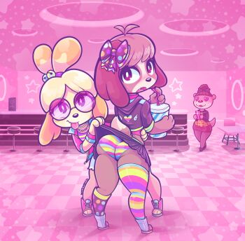1boy 2girls :p abstract_background absurdres ahoge animal_crossing ass asymmetrical_legwear blonde_hair blush bow brother_and_sister brown_fur brown_hair cellphone clothes_lift crop_top crossdressing digby_(animal_crossing) dog dog_boy dog_girl fishnet_thighhighs fishnets freckles furry furry_female furry_male furry_with_furry glasses hair_bow heart heart-shaped_eyes highres hood hoodie isabelle_(animal_crossing) jacket jewelry looking_at_viewer looking_back lottie_(animal_crossing) melangetic multiple_girls necklace nintendo panties pantyshot phone pink_background short_shorts shorts siblings skirt skirt_lift standing thighhighs thighs tongue tongue_out trap underwear