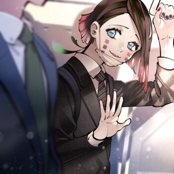 2boys arm_up asymmetrical_bangs backpack bag black_jacket black_necktie blue_eyes blurry blurry_foreground bokeh buttons colored_tips demon_boy depth_of_field diagonal-striped_clothes diagonal-striped_necktie enmu_(kimetsu_no_yaiba) facial_mark from_side hand_grip hand_up head_out_of_frame highres holding_hand_grip jacket kimetsu_no_yaiba long_sleeves looking_at_viewer male_focus mask mask_pull medium_hair mihashi_(re4_glo) mouth_mask multicolored_hair multiple_boys necktie parted_lips purple_nails smile solo_focus striped_clothes suit_jacket symbol-shaped_pupils tears_facial_mark teeth train_interior trap undershirt upper_teeth_only waving white_mask