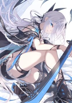 1girl arm_on_knee bare_shoulders black_shoes blue_eyes breasts cleavage commentary crop_top dress floating_hair fur_trim fuuro_(johnsonwade) hair_between_eyes hair_ornament hair_over_one_eye head_tilt highres knee_up kneehighs legs light_particles long_hair looking_at_viewer medium_breasts off_shoulder original parted_lips resting shoe_soles shoes short_dress short_shorts shorts sidelocks sitting socks solo strap sword symbol-only_commentary thigh_strap thighs very_long_hair weapon white_background white_hair