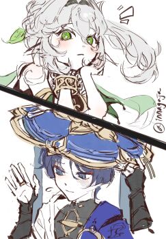 1boy 1girl armlet armor averting_eyes black_bodysuit black_bridal_gauntlets black_hair blue_cape blue_eyes blue_hat blunt_ends blush bodysuit bracelet bridal_gauntlets bright_pupils cape clenched_hand closed_mouth covered_collarbone cropped_torso cross-shaped_pupils detached_sleeves eyelashes eyeliner eyeshadow flying_sweatdrops genshin_impact gold gold_ring green_cape green_eyes green_sleeves hair_between_eyes hair_intakes hair_ornament hands_on_own_face hands_up hat highres innagaja japanese_armor japanese_clothes jewelry jingasa kimono kote kurokote leaf leaf_hair_ornament long_hair looking_at_viewer makeup mandarin_collar middle_ring nahida_(genshin_impact) notice_lines open_clothes open_hand open_kimono pointy_ears red_eyeliner red_eyeshadow scaramouche_(genshin_impact) shoulder_peek side_ponytail sidelocks sketch split_screen symbol-shaped_pupils tareme tilted_headwear twitter_username wanderer_(genshin_impact) white_background white_kimono white_pupils