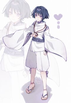 1boy arm_at_side artist_name black_hair blunt_ends bow bright_pupils brown_sandals clenched_hand closed_mouth commentary doll_joints eyelashes eyeliner eyeshadow feathers full_body genshin_impact geta hair_intakes hand_on_own_stomach heart highres jairosan japanese_clothes joints kariginu kimono layered_sleeves long_sleeves looking_up makeup male_focus multicolored_hair pants pelvic_curtain pom_pom_(clothes) purple_bow purple_eyes purple_hair purple_kimono purple_sash purple_sleeves red_eyeliner red_eyeshadow sandals sash scaramouche_(genshin_impact) scaramouche_(kabukimono)_(genshin_impact) smile solo standing streaked_hair string symbol-only_commentary toenails toes white_background white_pants white_pupils white_sleeves wide_sleeves wispy_bangs yellow_feathers zoom_layer