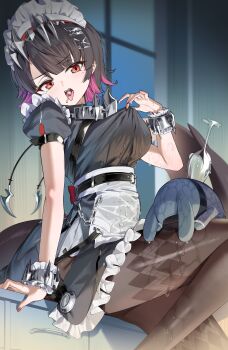 1girl absurdres bangboo_(zenless_zone_zero) black_dress black_hair black_pantyhose breasts candy collar colored_inner_hair dress ellen_joe food food_in_mouth highres itohana large_breasts lollipop maid maid_headdress metal_collar metal_wrist_cuffs multicolored_hair pantyhose purple_hair red_eyes shirt_hold short_hair sitting solo spiked_collar spikes wet wrist_cuffs zenless_zone_zero