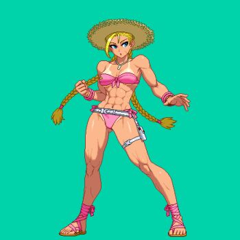 1girl aoi_ship bikini blonde_hair blue_eyes bracelet braid braided_twintails breasts cammy_white facial_scar full_body green_background hair_pulled_back hat jewelry long_hair low_twintails medium_breasts muscular muscular_female pink_bikini pixel_art pouch sandals scar scar_on_cheek scar_on_face side-tie_bikini_bottom solo standing straw_hat street_fighter swimsuit tan tanline thigh_pouch twintails variant_set very_long_hair