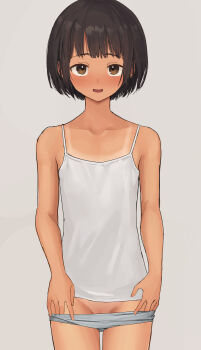 1girl absurdres black_hair blush bob_cut brown_eyes camisole cowboy_shot flat_chest grey_background grey_camisole grey_panties grey_pants groin highres itsuki_nofuji loli looking_at_viewer mons_pubis no_pants open_mouth original panties pants panty_pull pulling_own_clothes pussy pussy_peek short_hair simple_background smile solo spaghetti_strap standing straight-on tan tanline tanline_peek underwear variant_set wispy_bangs